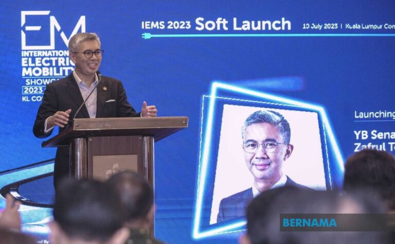 Investment, Trade and Industry Minister Tengku Datuk Seri Zafrul Abdul Aziz speaks during the International Electric Mobility Showcase 2023 at Kuala Lumpur Convention Centre today.