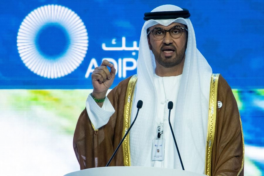 The president of the upcoming COP28 climate change Sultan Ahmed al-Jaber speaks during the Abu Dhabi International Petroleum Exhibition at ADNEC Exhibition Center October 2, 2023. -AFP PIC