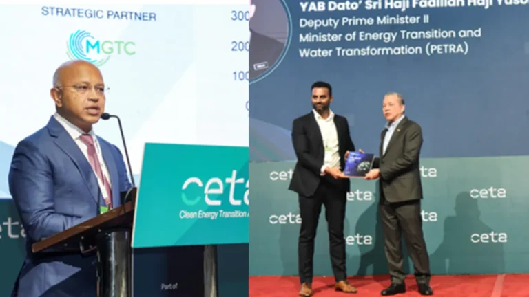 Kaushik Das delivering the keynote speech and Vaibhav Dua presenting Dato’ Sri Fadillah Yusof, Deputy Prime Minister of Malaysia and Minister of Energy Transition and Water Transformation (PETRA), with a copy of McKinsey Global Institute’s research on navigating the physical realities of energy transition.