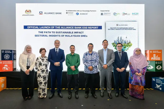 From left Greentech Malaysia Alliances, under Malaysian Green Technology and Climate Change Corporation (MGTC) CEO Elina Jani, Dr Adeeba, Kam, Nik Nazmi, Faroze, Zurich Malaysia country CEO Junior Cho, SME Corp CEO Rizal Dato' Nainy and INCEIF University Deputy President Research Dr Marjan Muhammad after the launch of the ESG 2.0 report.