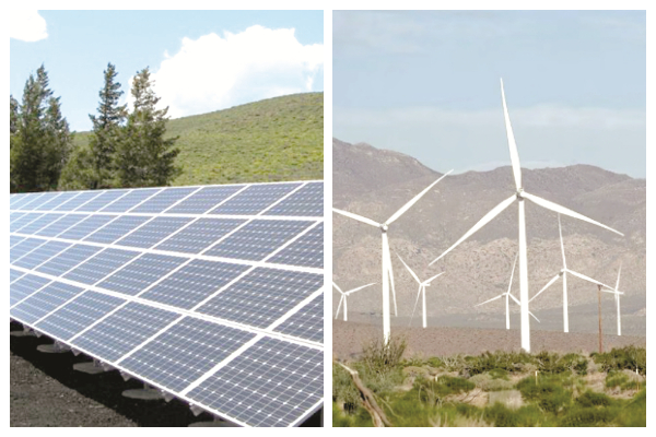 Solar panels (left), Wind turbines (right)