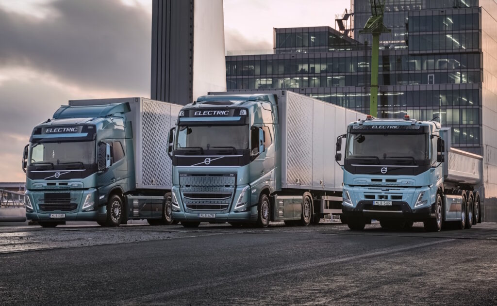 (L – R): Volvo FM, FH, and FMX fully-electric heavy-duty trucks.